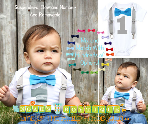 Baby Boy First Birthday Outfit - Grey and Blue - Boys First - Birthday Clothes - Birthday Shirt - Suspenders Bow - Elephant Theme Party Outfit