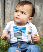Baby Boy First Birthday Outfit - Grey and Blue - Boys First - Birthday Clothes - Birthday Shirt - Suspenders Bow - Elephant Theme Party Outfit