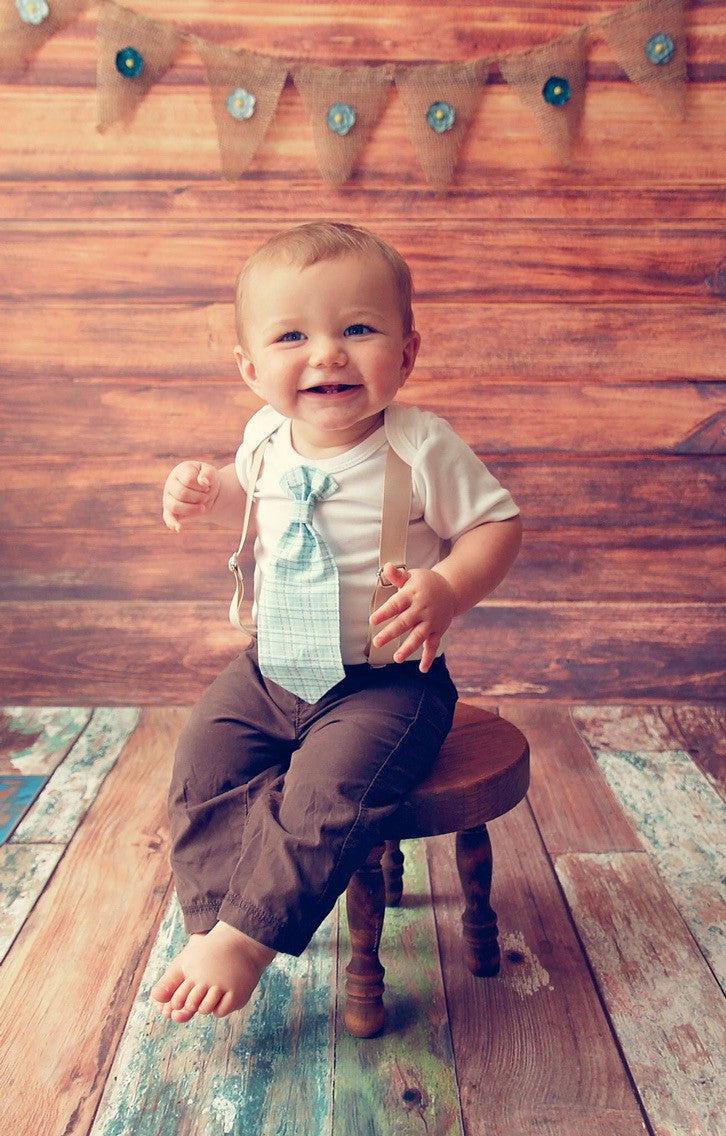 Baby Boy Suspender Outfit - Light Blue Plaid Tie - Tan Suspenders - Baby Boy Clothes - Toddler - Tie Outfit - Baby Ties - Spring - Wedding - Noah's Boytique - Noahs Boytique