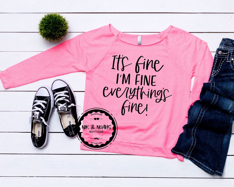 It's fine I'm fine everything is fine womens t-shirt mint long sleeve hot pink nude off the shoulder funny womens graphic tees hot pink