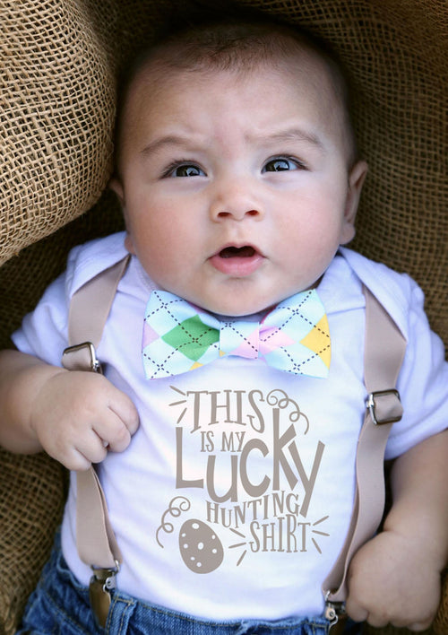 baby boy easter outfit 1st easter onesie with saying bow tie and suspenders cute baby boy clothes argyle bow tie pastel tan pastel lucky egg hunting shirt cute outfits for easter 1st easter shirt