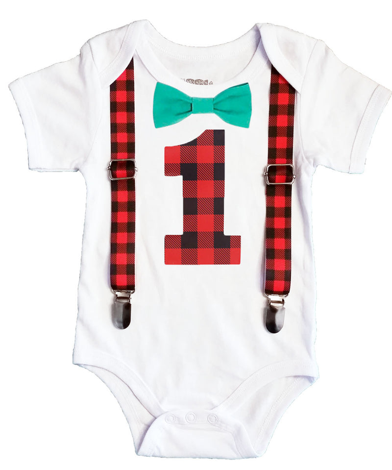 Lumberjack First Birthday Party Outfit Buffalo Plaid Suspenders