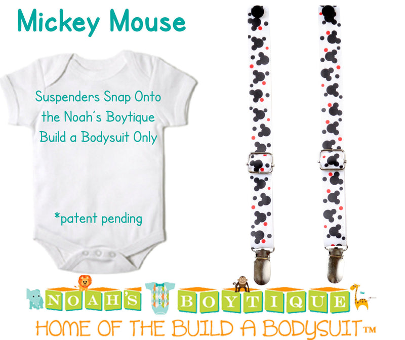 Mickey Mouse Noah's Boytique Bodysuit Suspenders - Snap on Suspenders - Suspender Outfit - Baby Suspenders - Newborn Suspender - Mickey Theme Party
