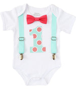 Boys First Birthday Outfit Mint and Coral - Polka Dot Number One - Spring Birthday - 1st Birthday Outfit - Boys Birthday Clothes - Colorful