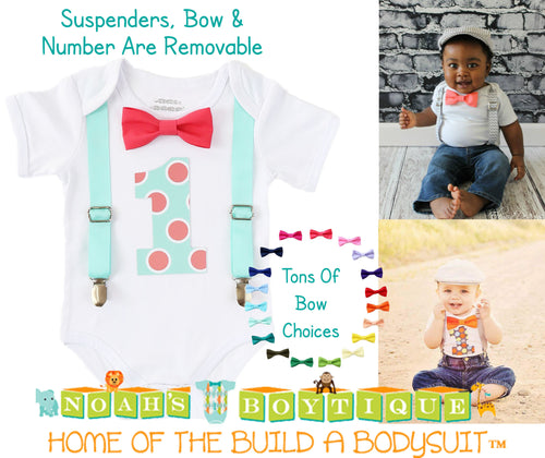 Boys First Birthday Outfit Mint and Coral - Polka Dot Number One - Spring Birthday - 1st Birthday Outfit - Boys Birthday Clothes - Colorful - Noah's Boytique Bodysuit - Baby Boy First Birthday Outfit