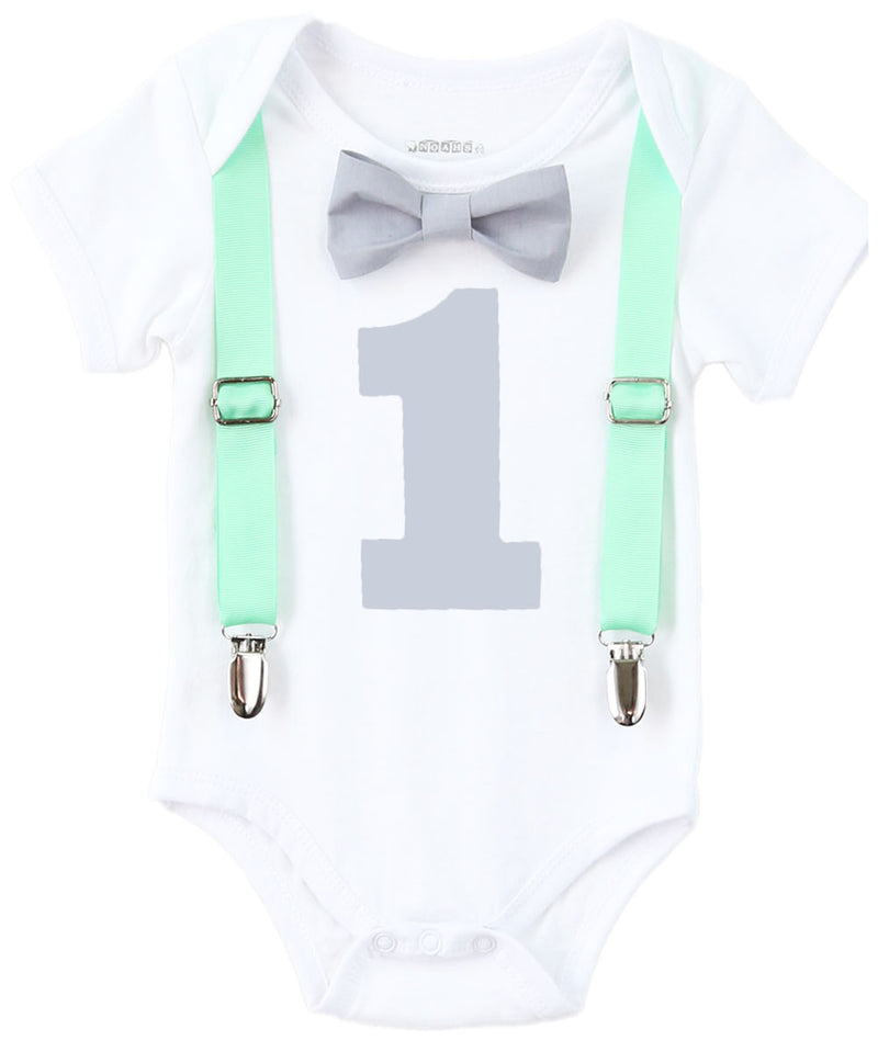 First Birthday Boy Mint and Grey - Mint Suspenders - Number One - Boys First Birthaday Clothes - Cute First Birthday - 1st - Grey Bow Tie