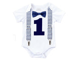 first birthday outfit baby boy navy blue chevron monochrome birthday onesie noah's boytique suspenders bow tie number one