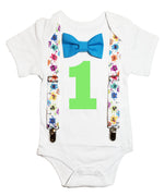 monster first birthday outfit bow tie suspenders cake smash