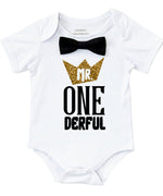 mr onderful first brithday shirt outfit black and gold bow tie suspenders crown cake smash 1st birthday onesie