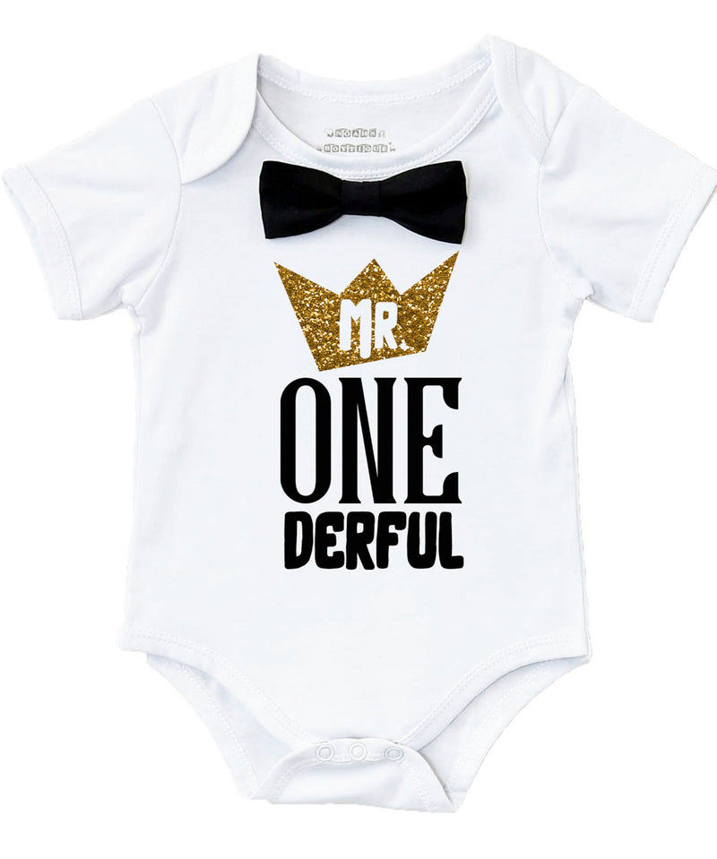 mr onderful first brithday shirt outfit black and gold bow tie suspenders crown cake smash 1st birthday onesie