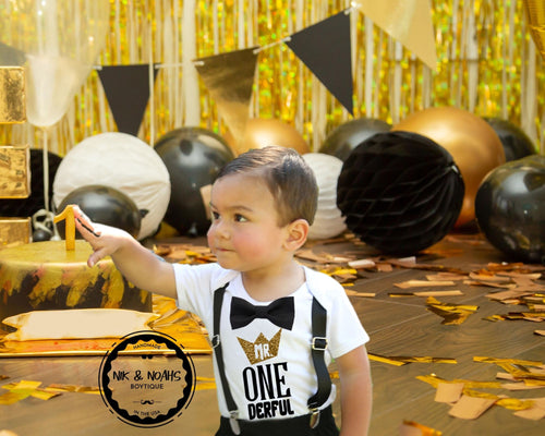 mr onederful first birthday outfit onesie bow tie suspenders black and gold one-derful shirt