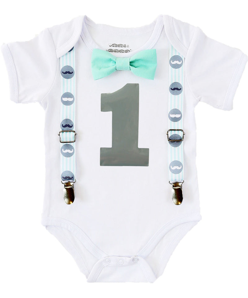 Baby Boy Mustache Birthday Outfit - Little Man Outfit - First Birthday - Mint - Grey Gray - Bow Tie Party - Baby Boy Clothes - 1st Birthday