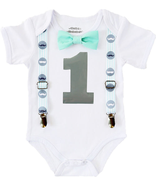 Mint and White Striped Mustache Noah's Boytique Bodysuit Suspenders - Snap on Suspenders - Suspender Outfit - Baby Suspenders - Grey - Gray