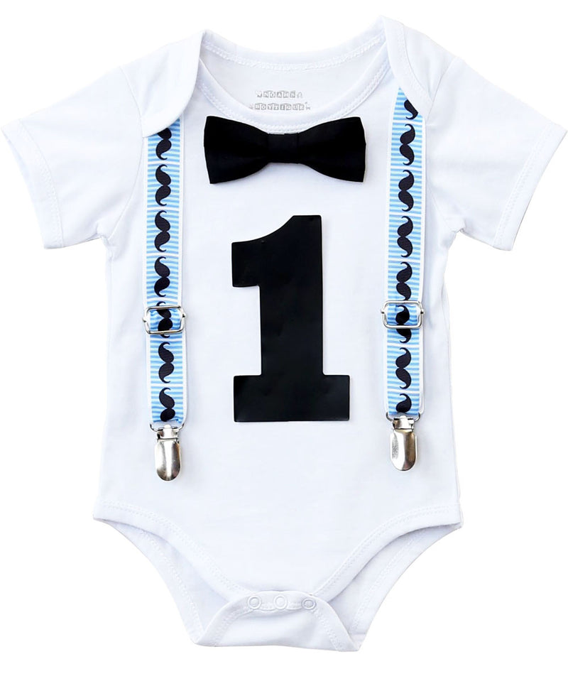 Mustache Birthday Party Outfit - Boys First Birthday Mustache Shirt - Mustache Bash - Baby Boy - Mustache Party - Blue - Black - Vintage