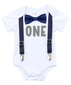 Navy and Gray First Birthday Outfit, I'm One Baby Boy Birthday Shirt, Bow Tie and Suspenders Cake Smash Set, Grey and Blue Theme Party Ideas, Personalized Shirt