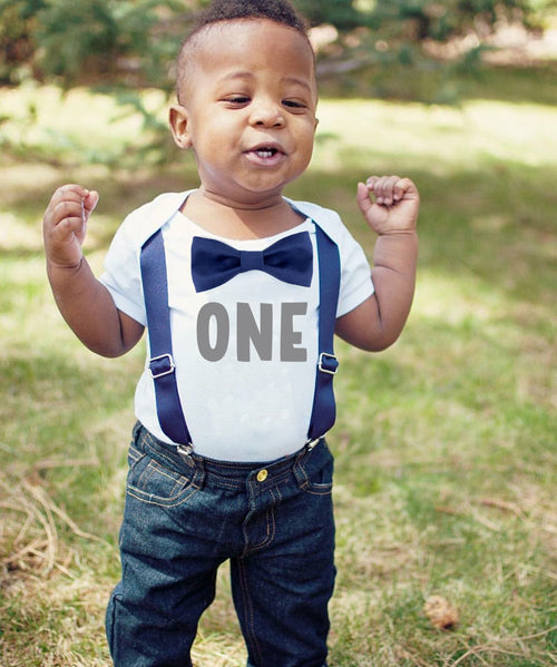 Navy and Gray First Birthday Outfit, I'm One Baby Boy Birthday Shirt, Bow Tie and Suspenders Cake Smash Set, Grey and Blue Theme Party Ideas, Personalized Shirt