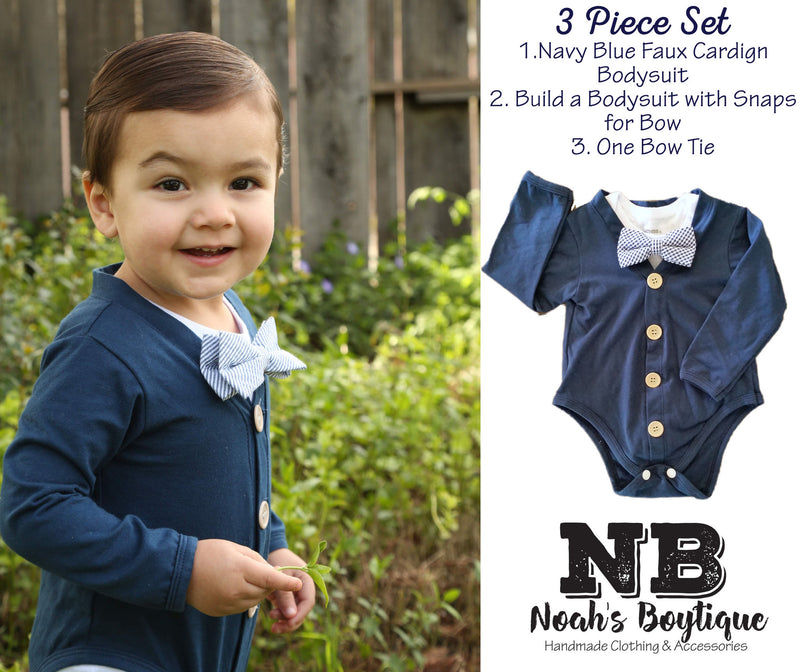 Baby Boy Easter Shirt Cardigan Onesie Outfit - Navy Blue Plaid Bow Tie - Baby Boy Clothes - Baby Shower Gifts for Boys - Navy and Tan - Cute