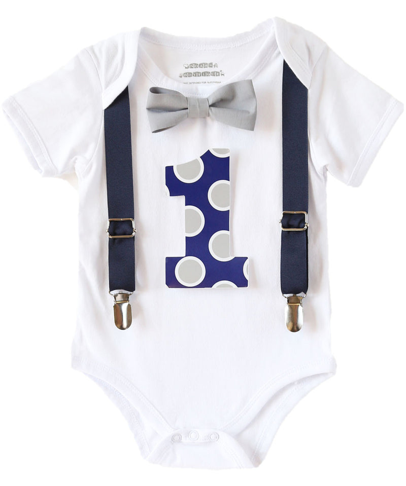 Baby Boy Blue and Grey First Birthday Outfit - Navy Blue - Polka Dots - Number One - First Birthday Clothes - 1st Birthday - Bow Tie - Theme