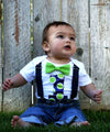 Baby Boy First Birthday Outfit - First Birthday Shirt - Lime and Navy Blue - Polka Dots - Cake Smash - Suspenders Bow Tie - Number One