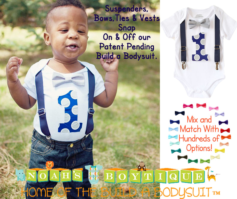 first birthday outfit boy navy blue and grey suspenders bow tie number one noah's boytique nik and noahs boytique