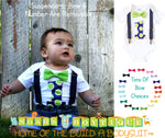 Baby Boy First Birthday Outfit - First Birthday Shirt - Lime and Navy Blue - Polka Dots - Cake Smash - Suspenders Bow Tie - Number One