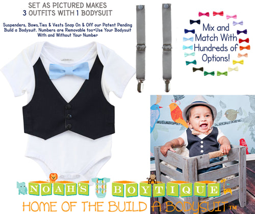 Baby Boy Outfits - Boys First Birthday Outfit - Baby Boy Suspender Outfit - Navy Blue Vest Light Blue Bow Tie Grey Suspenders - Bundle - Gift Set - Newborn Boy