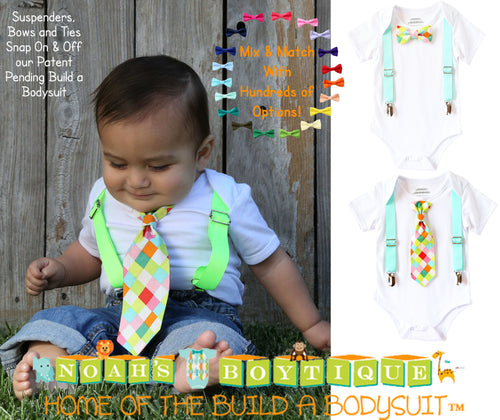 Noah's Boytique Baby Boy Outfit with Tie and Suspenders Neon Hipster