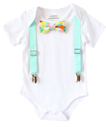 Noah's Boytique Baby Boy Shirts with Aqua Suspenders and Neon Bow Tie