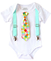 Baby Boy Clothes with Tie and Suspenders Aqua and Neon