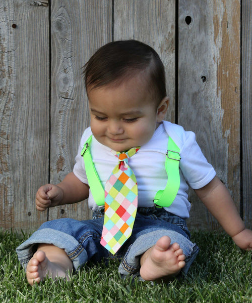 Baby Ties - Plaid Tie - Cross Tie - 4th of July - Neon Tie - Boy Tie Outfit - Tie Bodysuit - Newborn Tie - Snap On Tie - Cute Baby Ties - Noah's Boytique Bow Ties - Baby Boy First Birthday Outfit