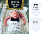 Personalized Newborn Baby Announcement Farmhouse Style Vintage Unisex Coming Home from the Hospital Outfit with or Without Bow Tie 2019 or 2020 gender neutral baby announcement onesie