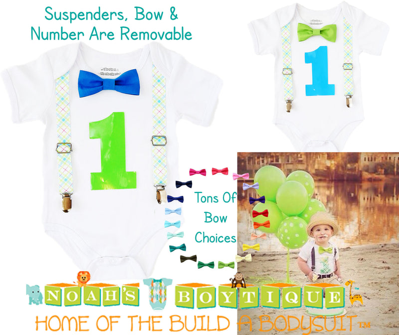 Lime and Blue Plaid Noah's Boytique Bodysuit Suspenders - Snap on Suspenders - Suspender Outfit - Baby Suspenders -Aqua