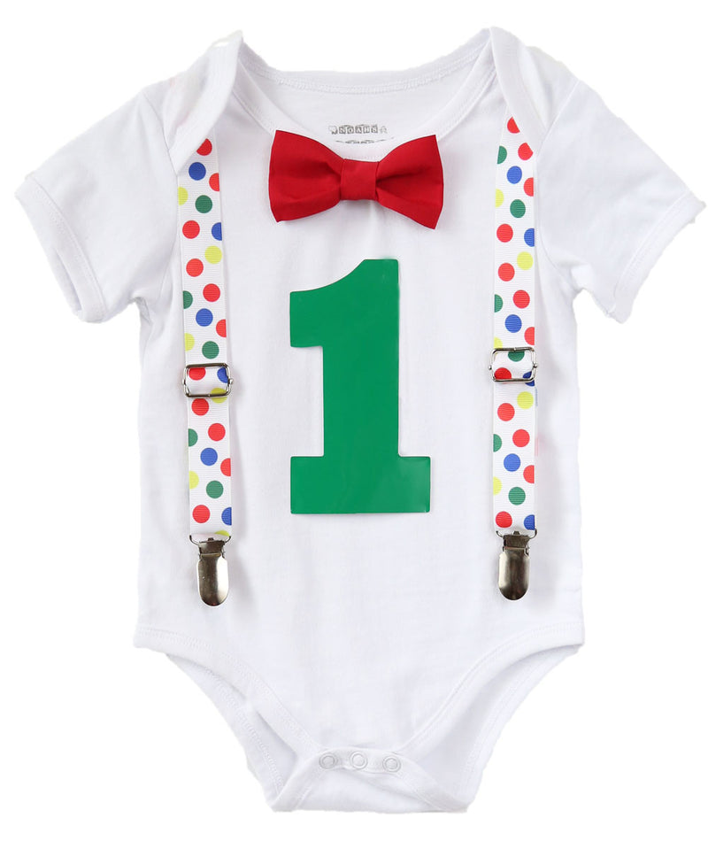 First Birthday Baby Boy Clothes - Primary Color Polka Dot Suspenders - Red Bow Tie - 1st Birthday Clothes - Primary Color Birthday Outfit - Noah's Boytique  - Baby Boy First Birthday Outfit