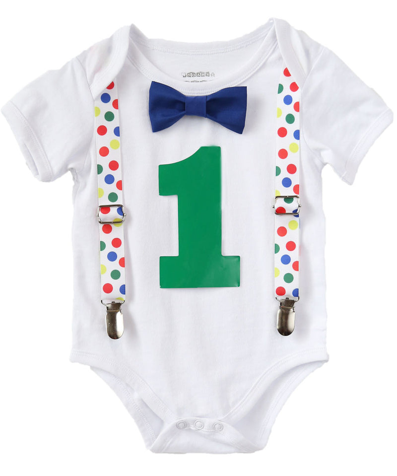 First Birthday Baby Boy Clothes - Primary Color Polka Dot Suspenders - Red Bow Tie - 1st Birthday Clothes - Primary Color Birthday Outfit
