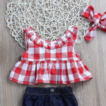 Baby Girl Sleeveless Ruffle Red and White Gingham Top and Denim Bloomers Summer Outfit