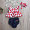 Baby Girl Sleeveless Ruffle Red and White Gingham Top and Denim Bloomers Summer Outfit