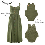 Mother and kids casual button dress Solid matching mom baby family clothes outfits beach dress Cute baby romper mom summer dress spaghetti strap wood buttons linen olive green