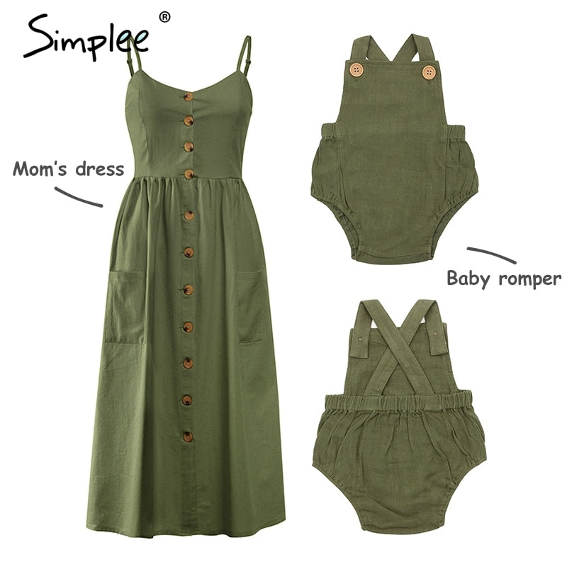 Mother and kids casual button dress Solid matching mom baby family clothes outfits beach dress Cute baby romper mom summer dress spaghetti strap wood buttons linen olive green