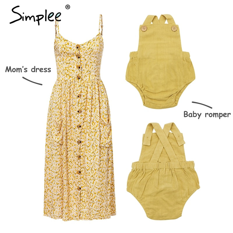 Mother and kids casual button dress Solid matching mom baby family clothes outfits beach dress Cute baby romper mom summer dress spaghetti strap wood buttons linen mustard