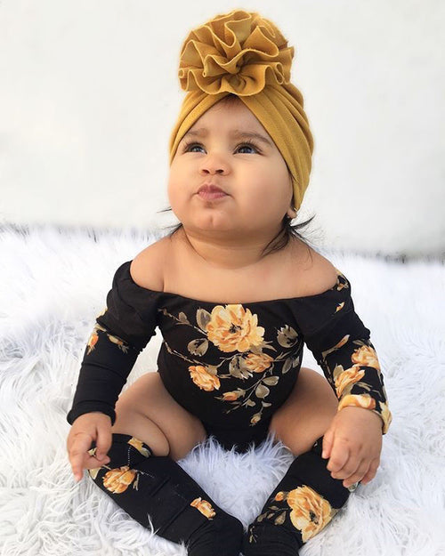 Baby Girl Floral Off  the Shoulder Romper Jumpsuit with Matching Knee Socks Black and Mustard