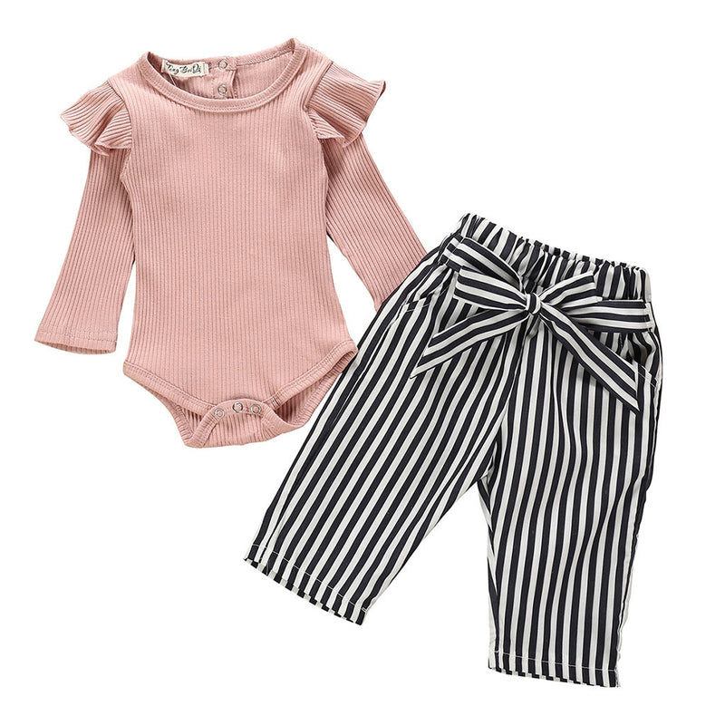 Autumn Baby Girl Boy Clothes Newborn Sets Outfit Pink Long Short Romper Bodysuit Black Stripe 2 Piece Set