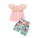 Kids Baby Toddler Girl Lace Clothes Suit Sleeveless Floral Tassel Ruffles T-shirt Green Bow Knot Belt Shorts Summer Outfits