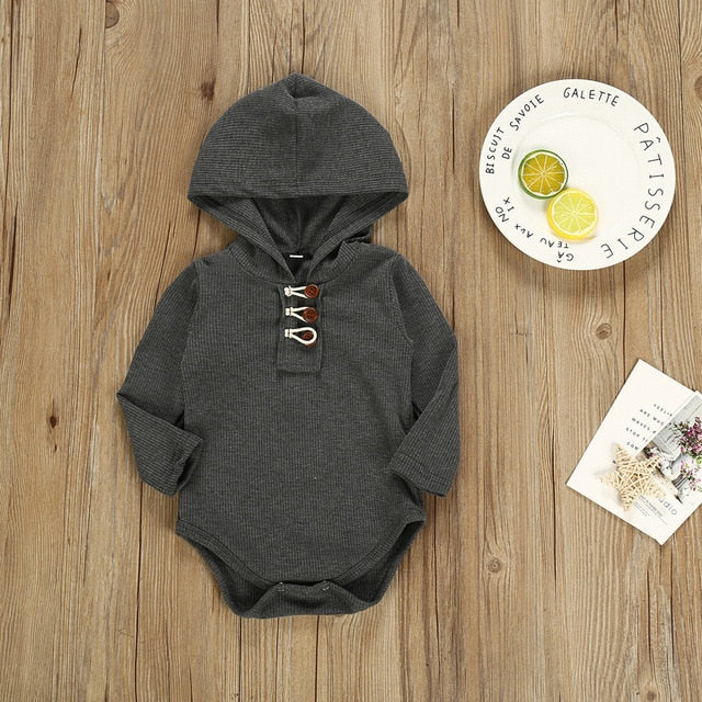 Long Sleeve Thermal Style Hooded Baby Rompers Infant Baby Girls Baby Boys Unisex Winter Outfits for Babies Neutral Tones