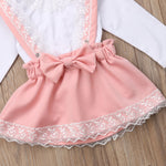 Girls Long Sleeve Lace Top with Pink Skirt Overalls and Pink Bow Ruffle Set