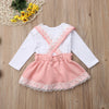 Girls Long Sleeve Lace Top with Pink Skirt Overalls and Pink Bow Ruffle Set