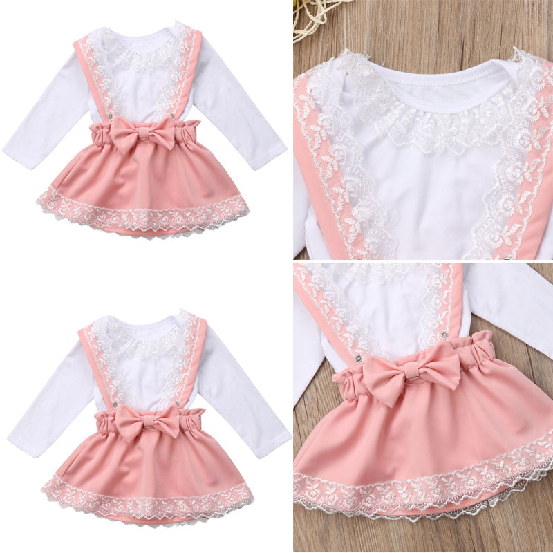 girls lace long sleeve onesie and pink overall jumper outfit with lace and ruffles