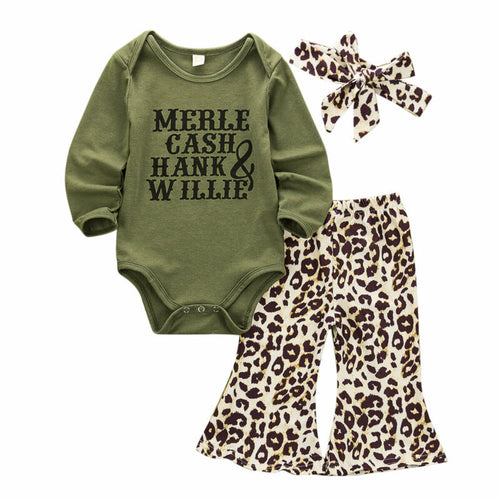 Baby Girl Country Music Outfit Leopard Flare Pants Willie Cash Hank Merle Onesie Set