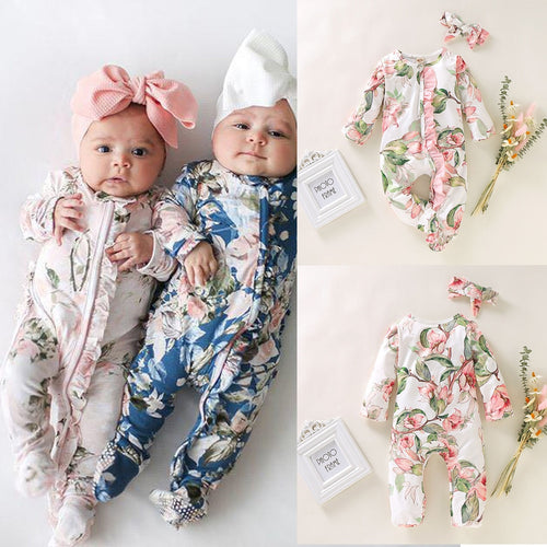 Winter Jumpsuit Newborn Infant Baby Girl Boy Footed Sleeper Romper Headband Set Floral Print