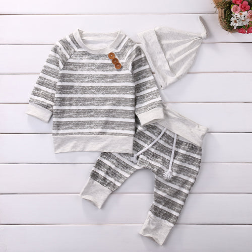 This adorable grey and white stripe long sleeve shirt with wood button matching pants and hat set are a perfect outfit for your little guy. We also love this as an adorable baby shower gift set. Baby boy clothing set with long sleeve shirt and pants.