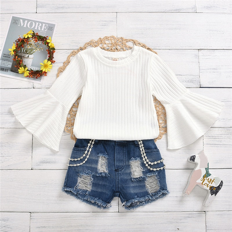Toddler Girl Distressed Denim Shorts with White Flutter Sleeve Top